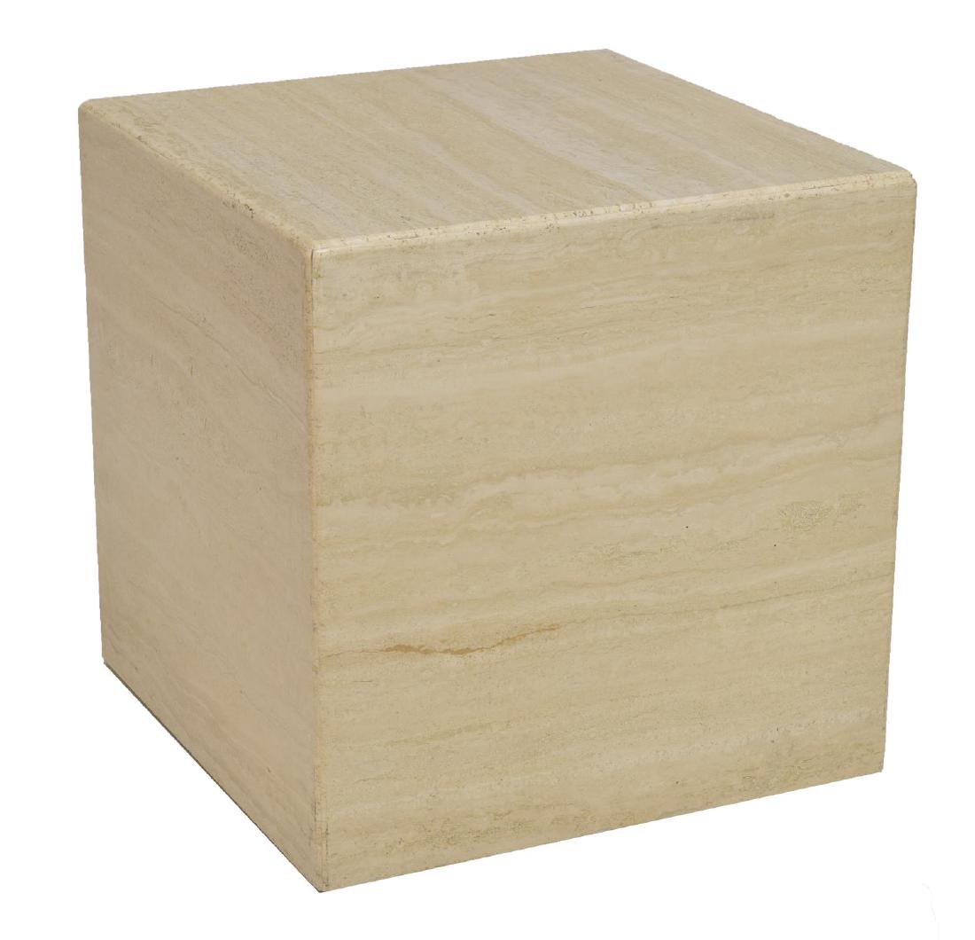 CUBE FORM TRAVERTINE SIDE TABLE: Travertine cube side table, rising on caster feet, approx 21"h, 20.25"w, 20.25"d Start Price: $150.00