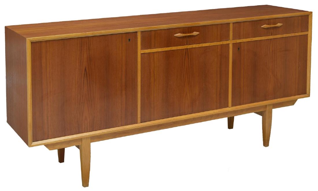 DANISH MID-CENTURY MODERN TEAK SIDEBOARD: Danish mid-century modern teak sideboard, c. 1950s, having long rectangular case, fitted with two drawers and three cabinets, rising on tapered legs, approx 31.5"h, 67"w, 16.5"d Start Price: $300.00