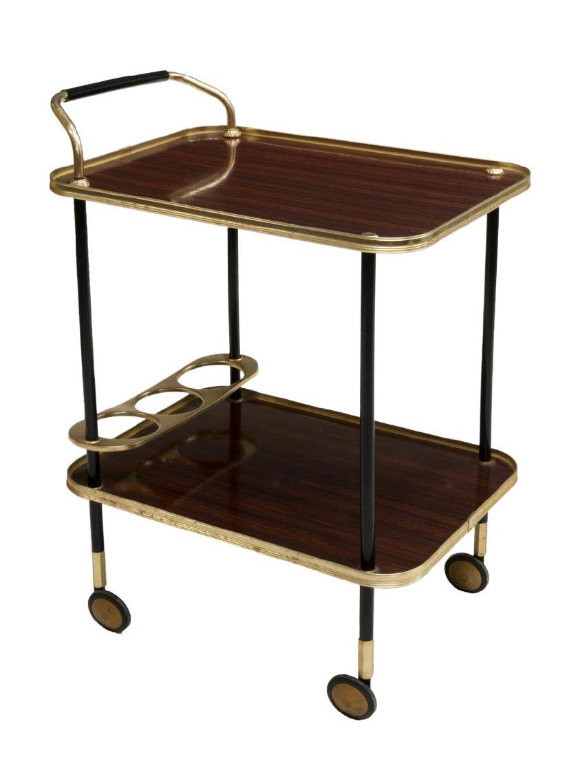 DANISH MID-CENTURY ROSEWOOD GILT SERVICE CART: Danish mid-century modern service cart, c.1960's, two rosewood finish tiers, held by gilt metal frame, lower bottle keeper, moving on wheels, approx 26.5"h, 22"w, 16.25"d Start Price: $80.00
