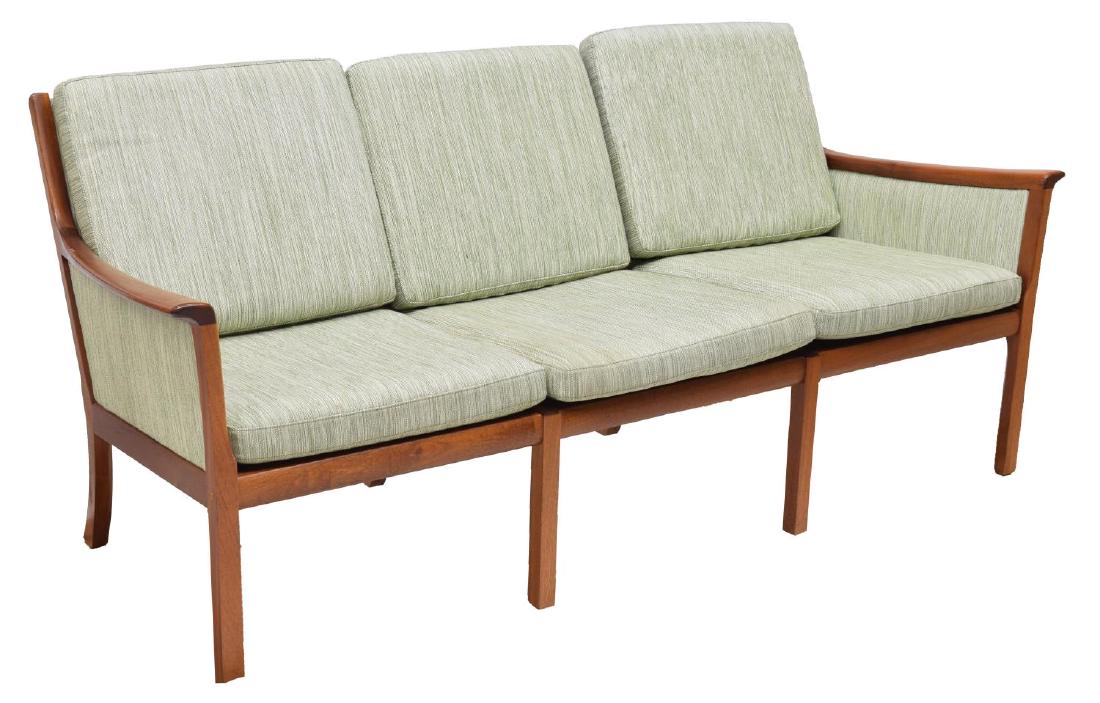 DANISH MODERN THREE-SEAT SOFA: Danish modern three-seat sofa, mid 20th c., with removable back and seat cushions on mahogany frame, approx 31"h, 69"w, 27"d Start Price: $200.00