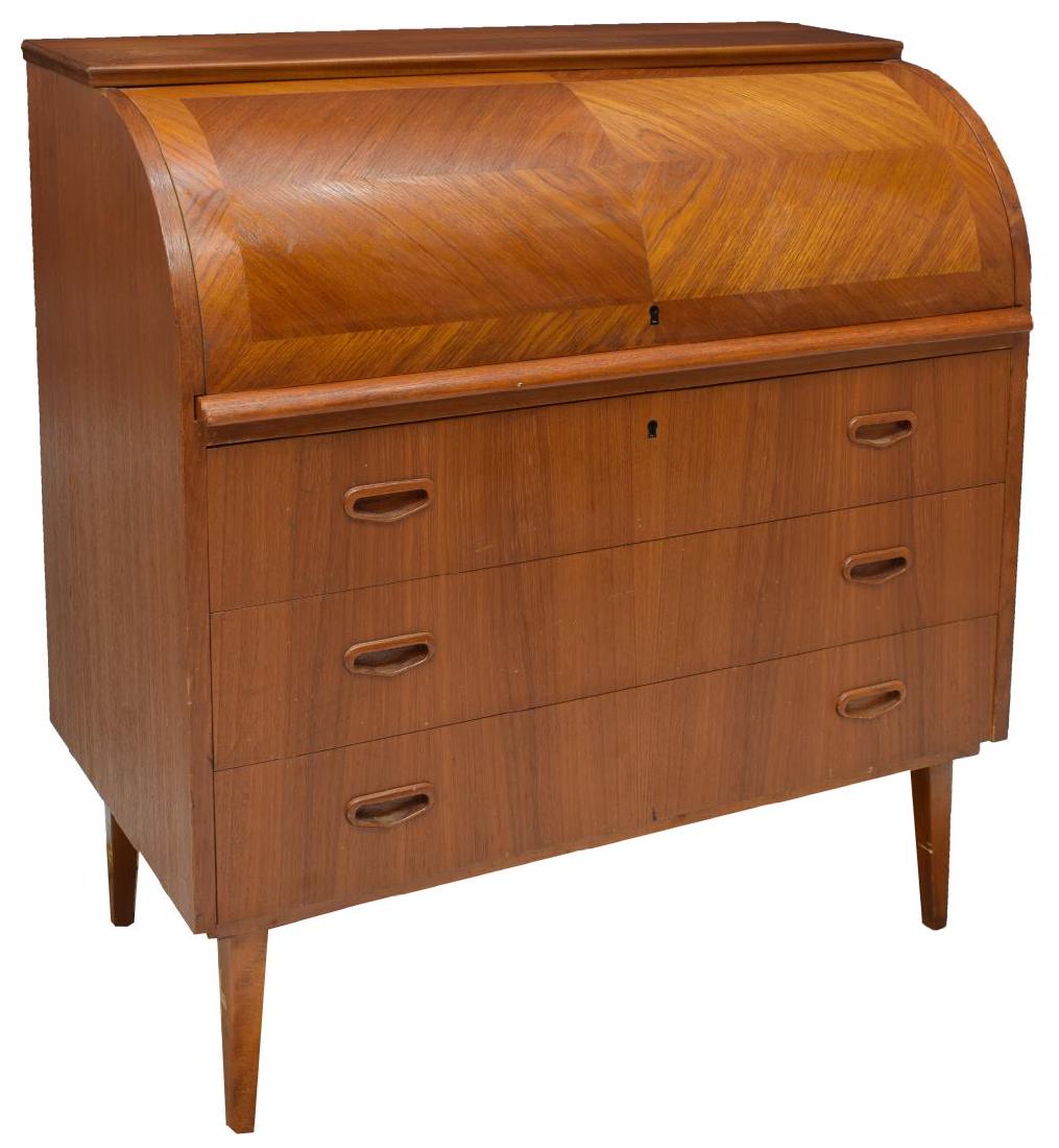 DANISH MID-CENTURY MODERN TEAK BUREAU DESK: Danish mid-century modern teak desk, c. 1950s, having roll top, opening to fitted interior gallery and pull-out writing surface, over lower case fitted with three drawers with recessed pulls, rising o