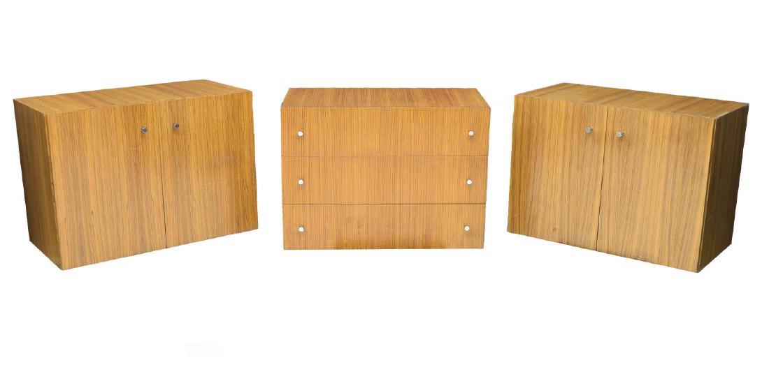 (3) MILO BAUGHMAN THAYER COGGIN CABINETS/DRAWERS: (set of 3) Teakwood finish cabinets and chest of drawers by Milo Baughman for Thayer Coggin, c. 1960's, including: (2) two-door cabinets, with shelves fitted to the interior; (1) dresser fitted with t
