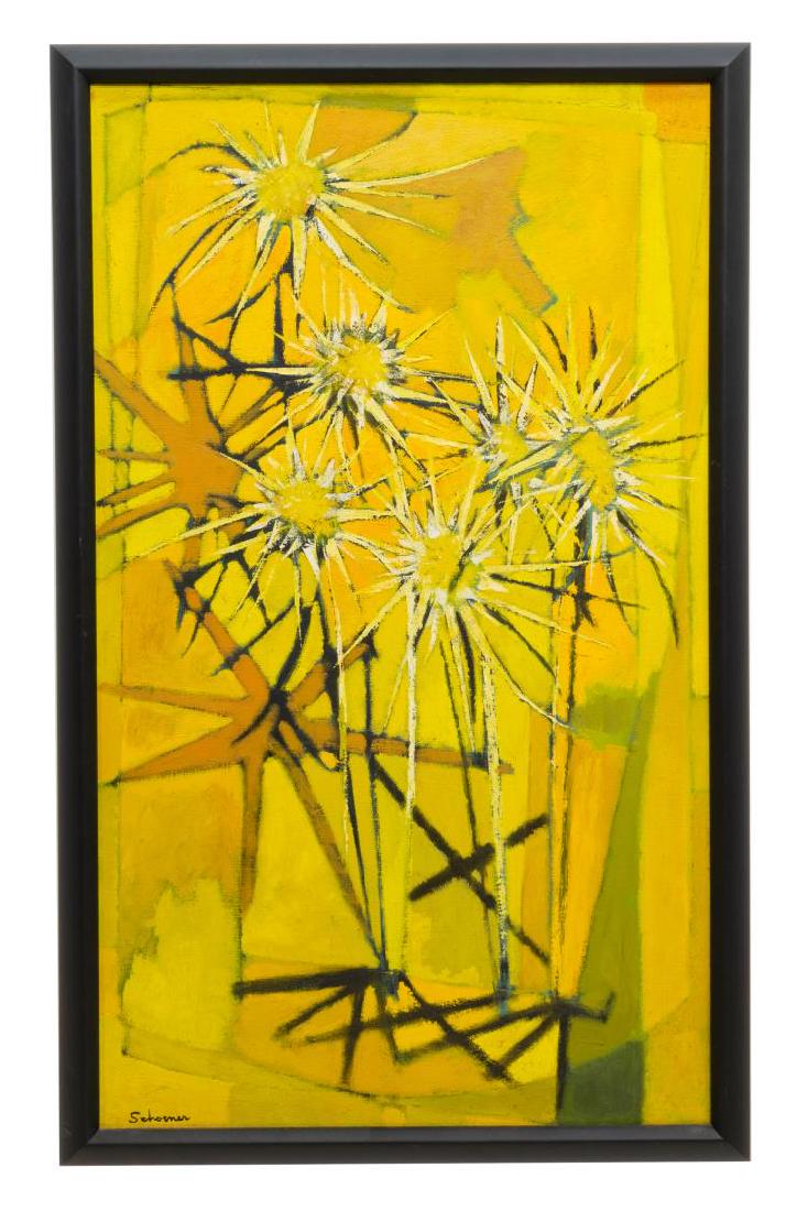JASON SCHOENER (1919-1997) ABSTRACT FLORAL: Framed abstract oil painting on canvas. "Thistles & Money Plant", signed lower left Schoener (Jason Schoener, Ohio, California, 1919-1997), sight: 33.75"h, 19.5"w, overall: 36.25"h, 22.75"w, 4.5lbs St