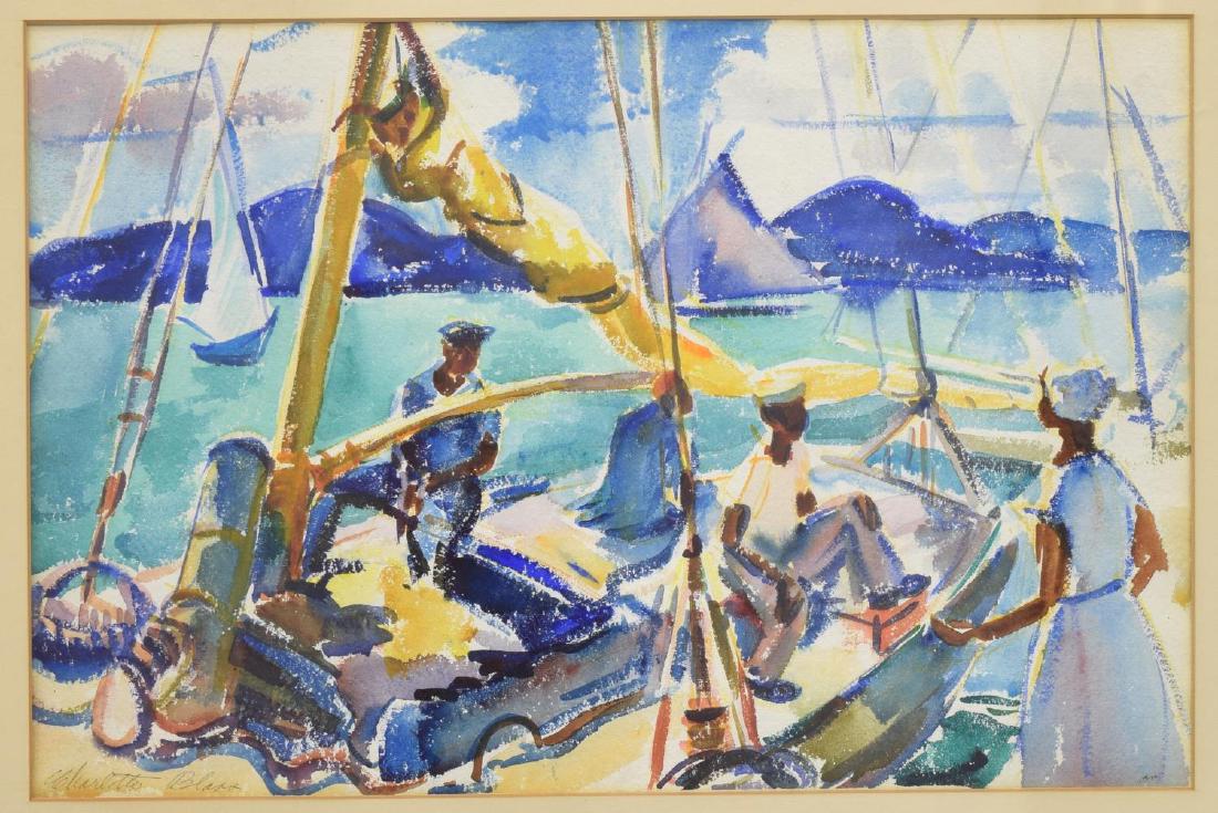 CHARLOTTE BLASS (1908-1980) SAIL BOAT WATERCOLOR: Framed watercolor on paper, Island Sailing, signed lower left Charlotte Blass, (Texas, New York, 1908-1980), sight: 14"h, 21"w, overall: 22.5"h, 29.25"w, 8lbs Start Price: $150.00