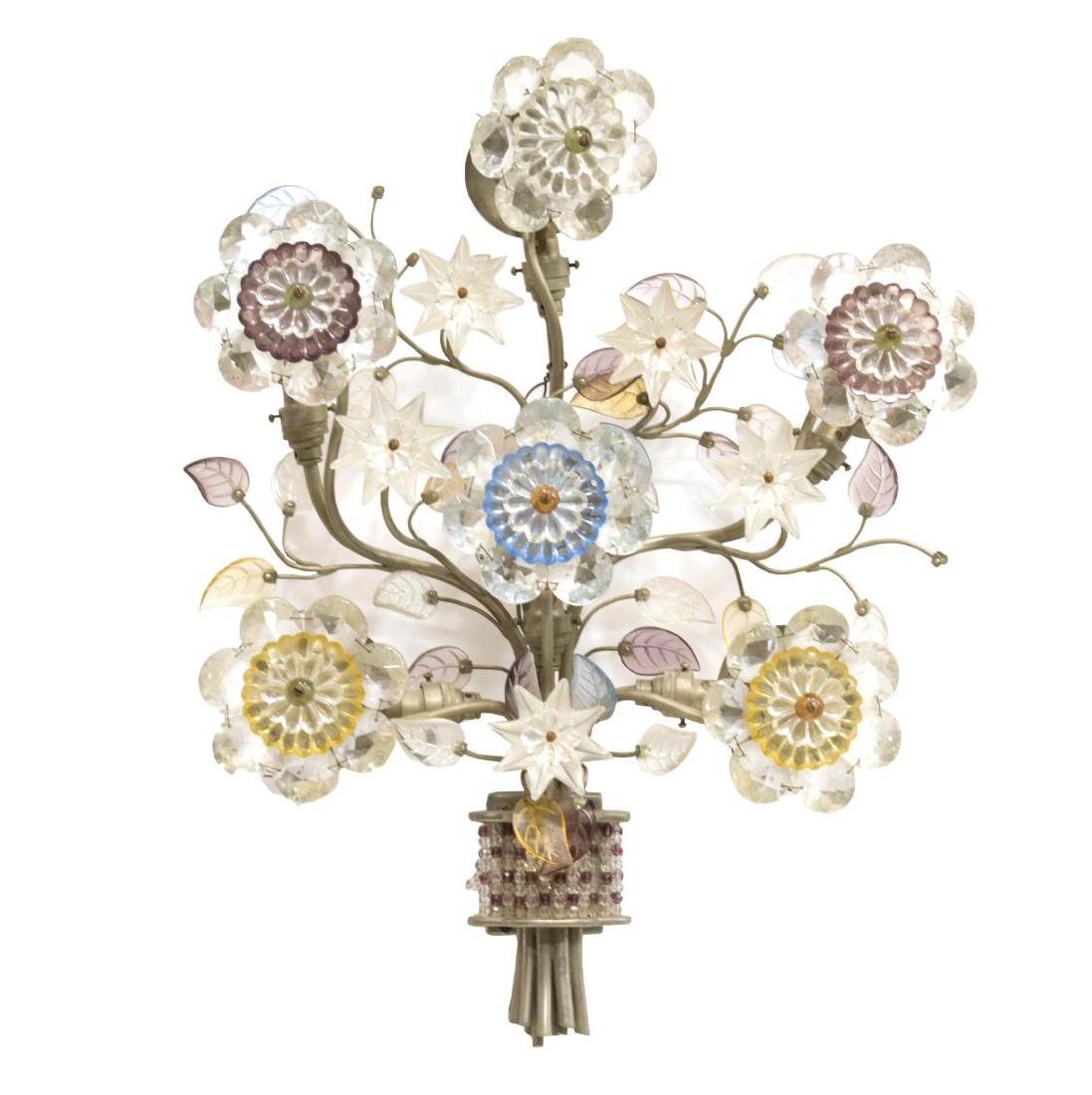 AUSTRIAN LOBMEYR ART CRYSTAL FLORAL WALL SCONCE: Austrian art crystal five-light pendant wall sconce, J & L Lobmeyr, Wein, modeled as a bouquet of flowers with colored accents, in need of wiring, 19.5"h, 15"w, 8.25lbs **Provenance: Our consignor thr