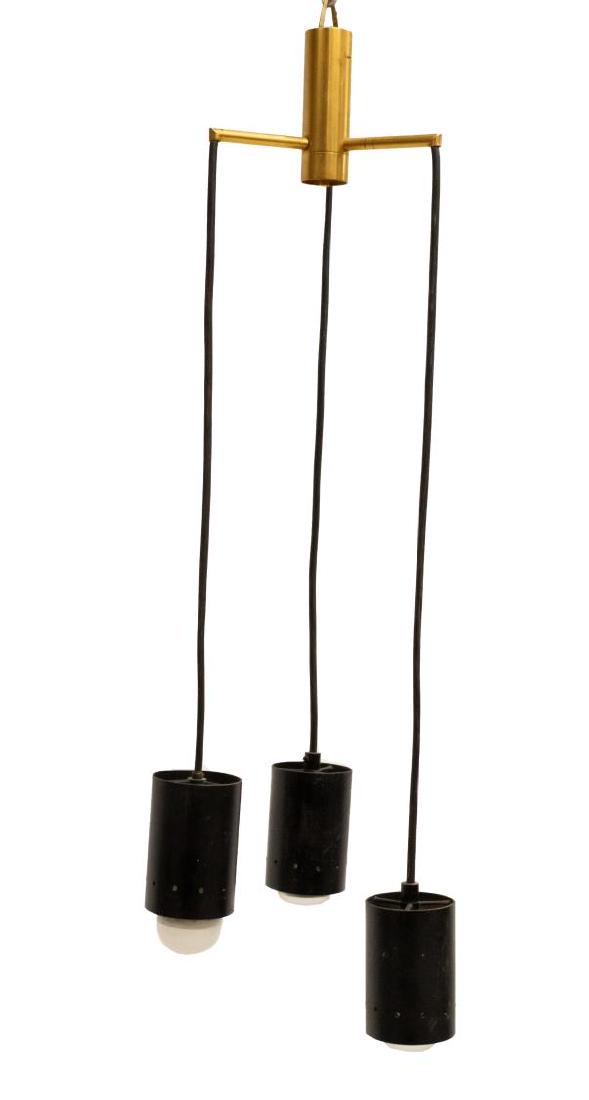 ITALIAN MID-CENTURY MODERN 3-LT PENDANT CHANDELIER: Italian mid-century modern three-light chandelier, c.1960s, the brass top issuing three tired black metal pendants, in need of wiring, approx 33"h Start Price: $100.00