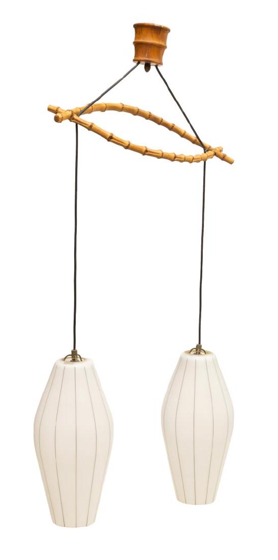 ITALIAN MID-CENTURY MODERN 2-LT BAMBOO CHANDELIER: Italian mid-century modern two-light chandelier, c. 1960s, the bamboo top issuing two tired glass cigar-form pendants, each concealing one light, in need of wiring, approx 46"h Start Price: $150.00