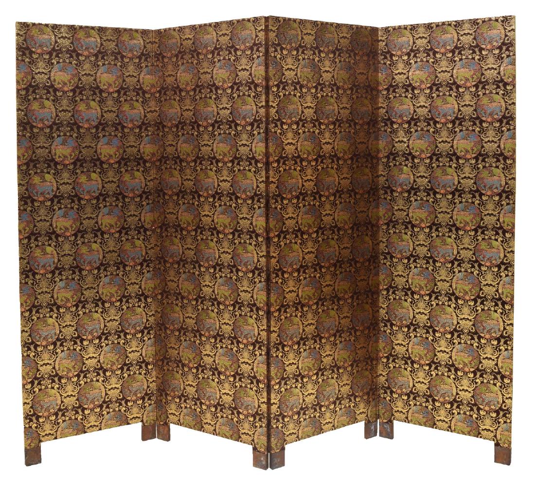 CHINESE GILT THREAD & QILIN 4 PANEL FOLDING SCREEN: Chinese four-panel folding screen, the front covered with textile showing repeated design of standing Qilin in medallion, gilt designs throughout, the paper back with discoloration, fading, some loss,