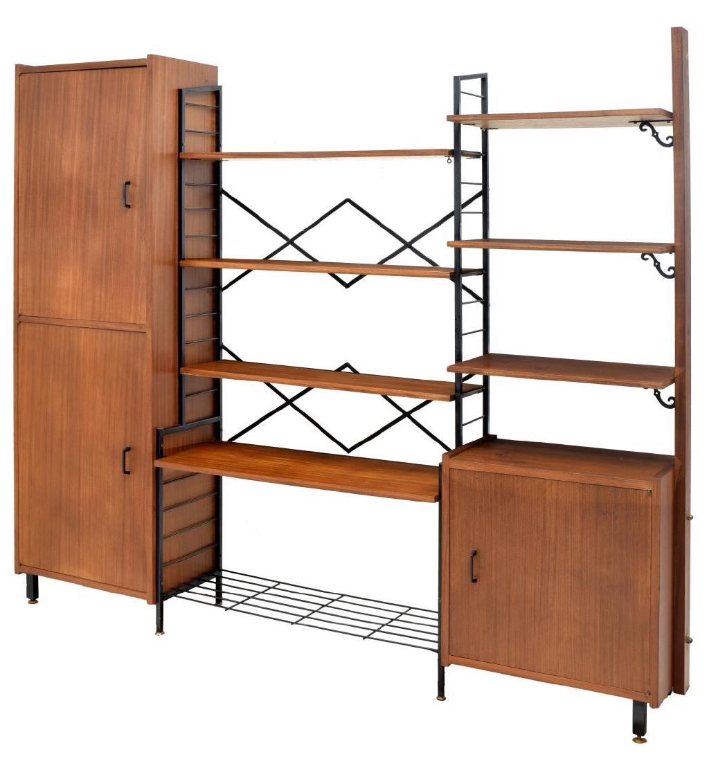 ITALIAN MID-CENTURY MODERN MODULAR BOOKCASE: Italian mid-century modern two-unit modular teakwood bookcase, c. 1960's, shelves and two cabinets, all rising on steel legs with brass pad feet, 62.75"h, 73.5"w, 12"d Start Price: $300.00