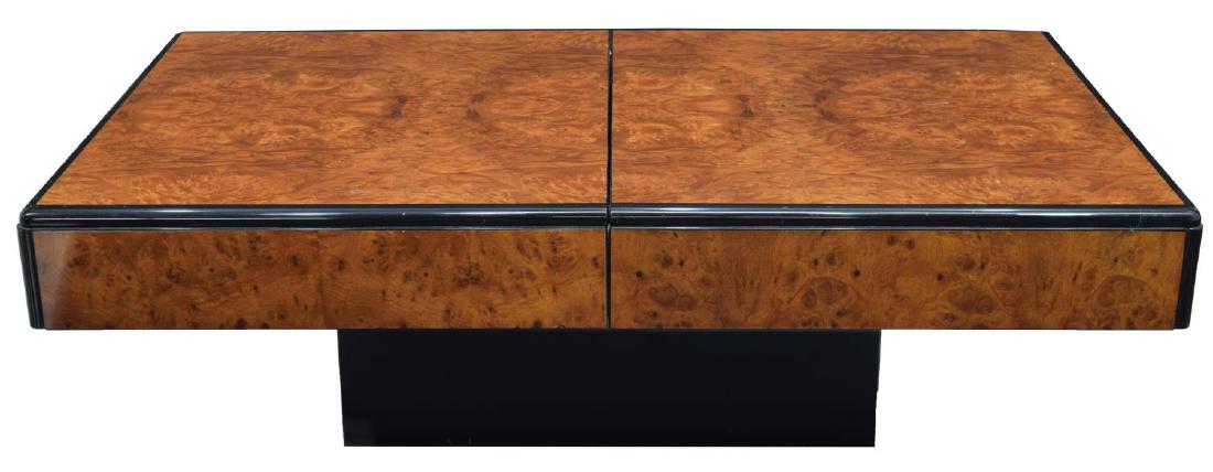 ITALIAN MODERN BURLWOOD BAR TABLE, WILLY RIZZO: Italian modern burl sofa table, 1970's design after Willy Rizzo (Italian, 1928-2013) for Cidue, rectangular in a gloss burl finish, the two ends pull open to reveal a mirrored bar with glass shelf, ri