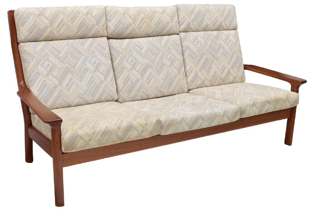 DANISH MID-CENTURY MODERN TEAK THREE-SEAT SOFA: Danish mid-century modern teakwood sofa, c. 1950s, the three seat sofa having removable back and seat cushions, on a teak frame with flared arms, approx 39"h, 77"l, 33"d Start Price: $200.00