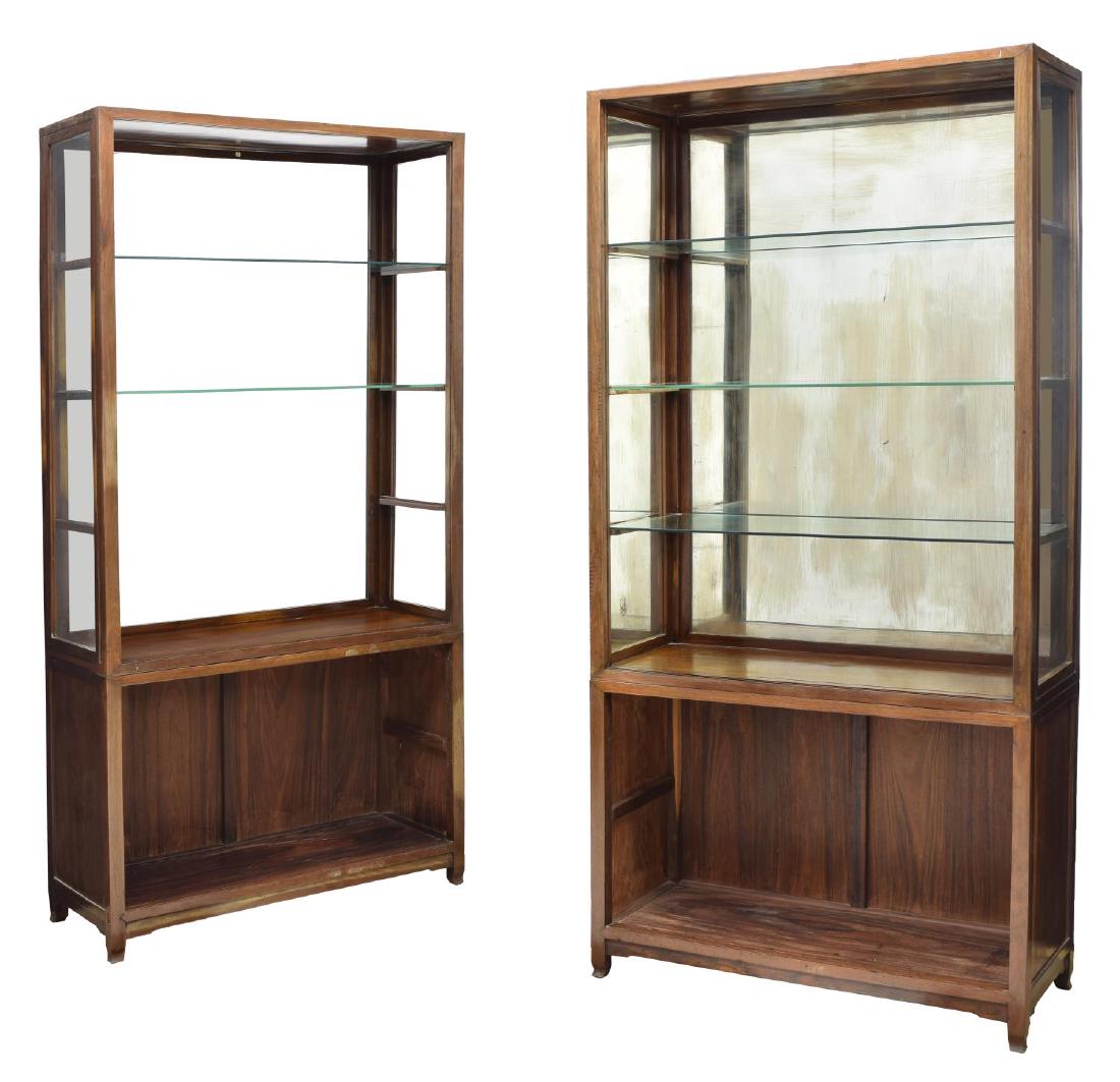 (2) ANTIQUE ROSEWOOD GLASS SHELVES CABINET: (lot of 2) Antique rosewood cabinets, fitted with glass shelves over an open cabinet; (1) having mirrored back and side, and one clear glass side; (1) having two glass sides and an open back, lacking 