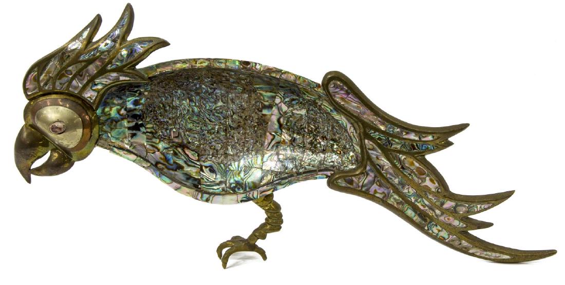 MEXICAN METAL AND ABALONE PARROT DISH: Parrot dish, Mexico, mid 20th c., stamped 'Metales Hecho en Mexic Handwrought 71' brass and copper inlaid with abalone, loss to abalone, approx 2"h, 17.75"w, 8"d, 2.75lbs Start Price: $50.00