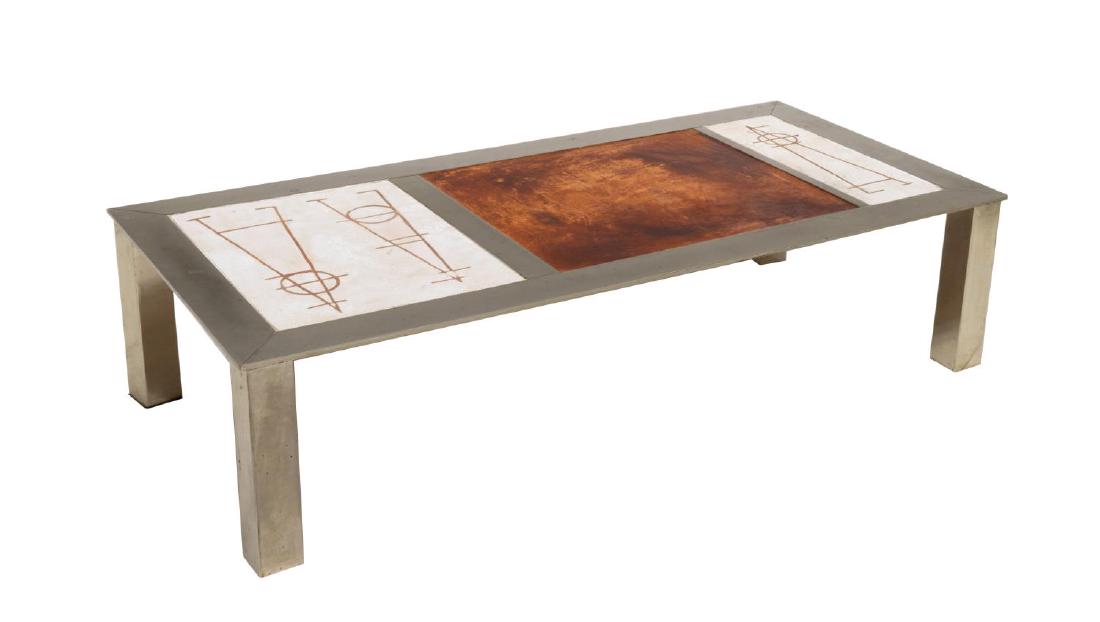 FRENCH INDUSTRIAL MODERN LOW SOFA TABLE: French modern low sofa table, c. 1970s, steel frame, top set with ceramic tiles and leather panel, rising on block legs, approx 11.75"h, 49"w, 23.5"d Start Price: $150.00