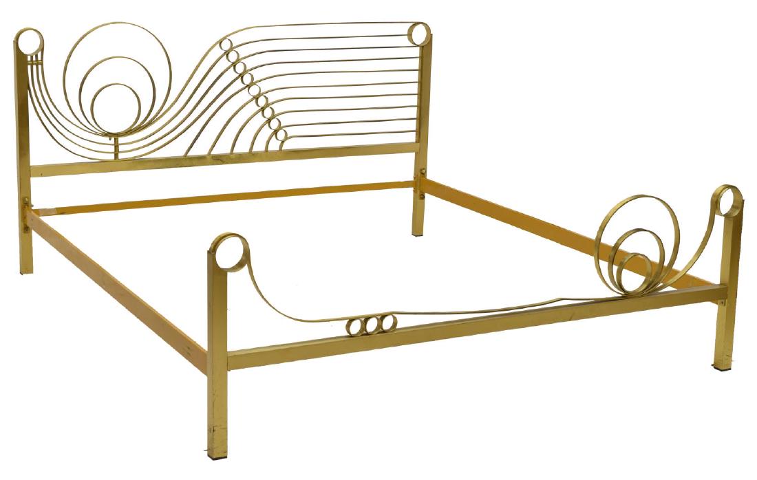 ITALIAN MID-CENTURY MODERN GEOMETRIC BRASS BED: Italian mid-century modern brass bed, c. 1960s, having headboard with geometric design of graduated circles, joined by straight rails to a corresponding footboard, exterior: approx 36.5"h, 69.5"w, 80.