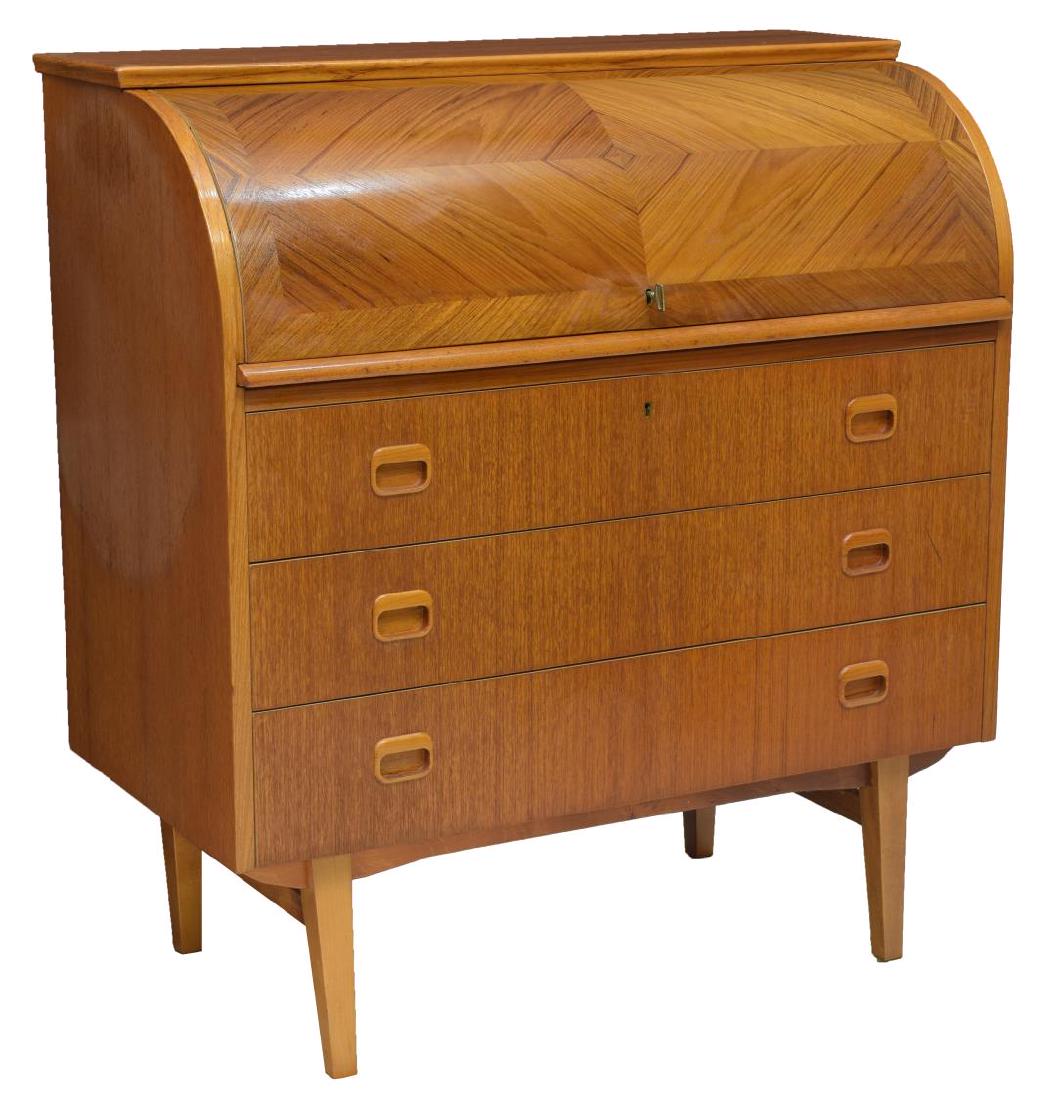 DANISH MID-CENTURY MODERN TEAK BUREAU DESK: Danish mid-century modern teak desk, c. 1950s, having roll top, opening to fitted interior gallery and pull-out writing surface, over lower case fitted with three drawers, rising on tapered legs, appr