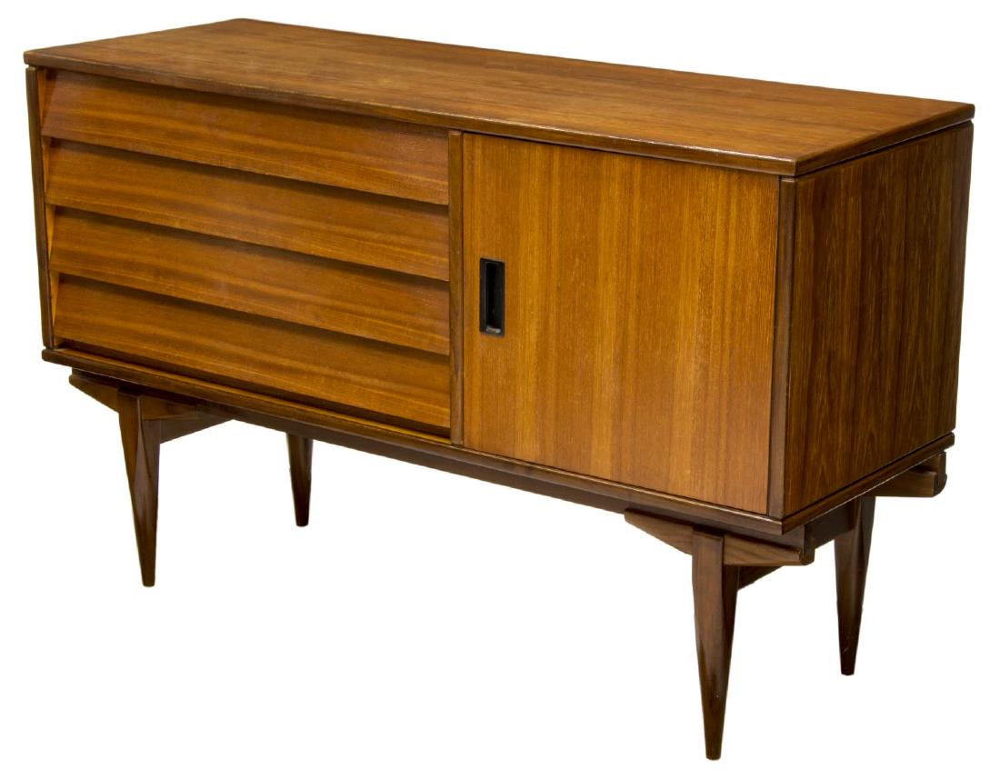 ITALIAN MID-CENTURY MODERN TEAK SIDEBOARD BAR: Italian mid-century modern teak sideboard/ bar, c. 1960s, having shuttered drawers beside one cabinet door, opening to storage and glass shelf, rising on cylindrical tapered legs, approx 32"h, 50.5"w,