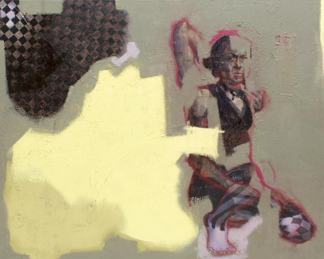 POVEY & SCHULTZ MIXED MEDIA ON STRETCHED LINEN: Mixed media (oil, gypsum plaster, boiled sand, applied paper) on stretched linen painting, 2013-2016, "De Quincey II," dated, titled, and signed verso Povey and Schultz (Edward Povey, England, b. 1951