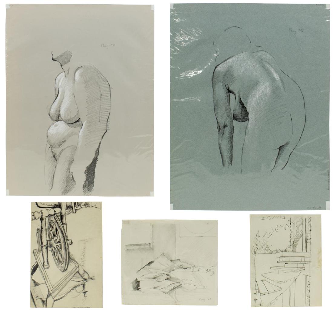 (5) EDWARD POVEY (B.1951) NUDE DRAWINGS ON PAPER: (lot of 5) Original drawings on paper, signed Povey (Edward Povey, England, b.1951), including: (1) "Steps," 1986, graphite on paper, signed lower left, sheet: 11"h, 8.5"w, (1) "Books in Bed," 1983, g