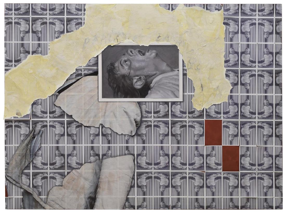 POVEY & SCHULTZ OIL MIXED MEDIA ON PANEL PAINTING: Oil and mixed media on panel painting, 2016, "Paaatrick Baabyboy," unsigned, Povey and Schultz (Edward Povey, England, b. 1951) (Donna Tolar Schultz, United States, b. 1966), some lifting to applied p