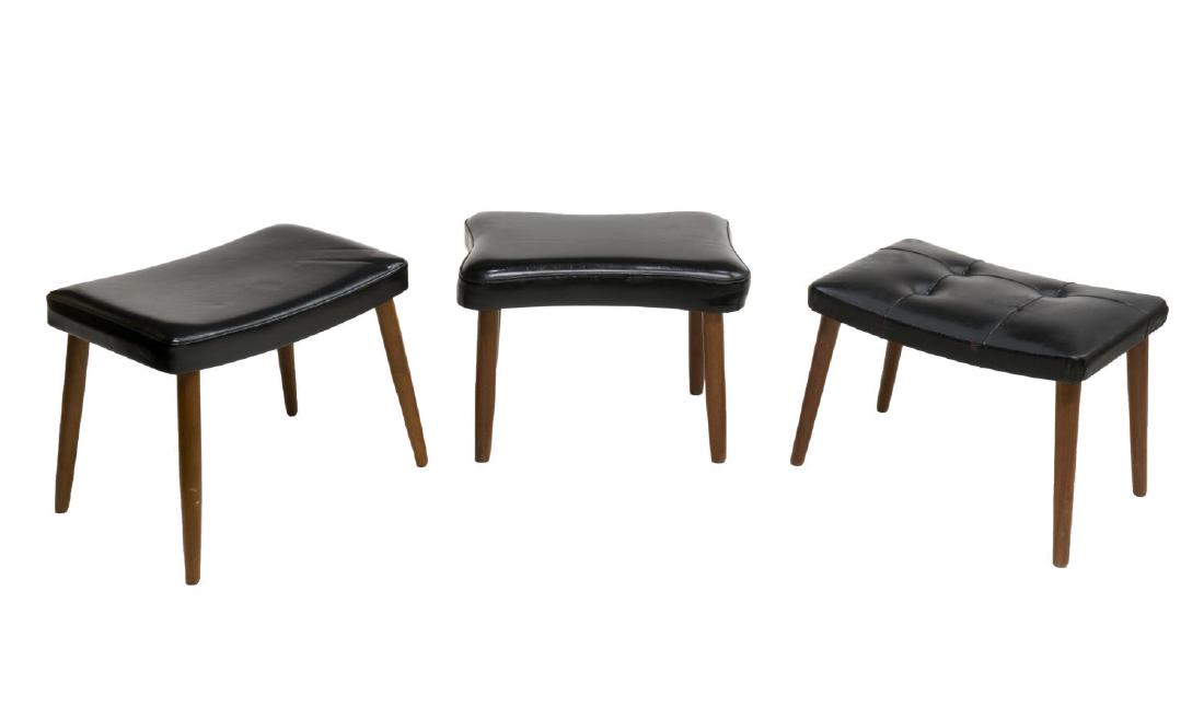 (3) DANISH MID-CENTURY MODERN STOOL GROUP: (lot of 3) Danish mid-century modern stools, all having black vinyl upholstery, varied form and size, on cylindrical supports, the smallest with loss to upohlstery, largest: 14"h, 19"l, 14"w Start Pri