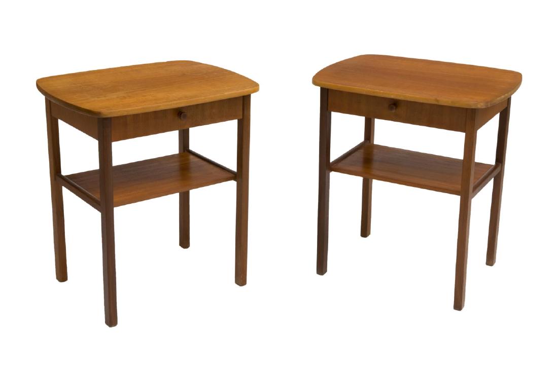 (2) DANISH MID-CENTURY MODERN TEAKWOOD SIDE TABLES: (lot of 2) Danish mid-century modern teak side tables, c. 1950s, each fitted with a single drawer above a medial shelf, on slim legs, approx 22"h, 19.75"l, 15"w Start Price: $150.00