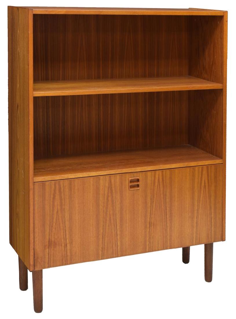 DANISH MID-CENTURY MODERN TEAKWOOD BOOKCASE: Danish mid-century modern teak bookcase, c. 1950s, having two shelves over a fall front lower cabinet, with interior shelving, on cylindrical legs, approx 49"h, 34.75"w, 11.5"d Start Price: $150.00