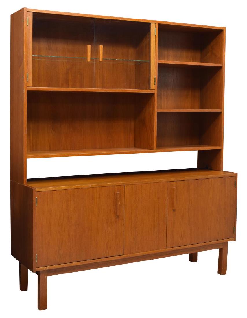 DANISH MID-CENTURY MODERN TEAK SIDEBOARD: Danish mid-century modern teak sideboard, c. 1950s, top with open shelves and glazed double-door cabinet, over lower case fitted with double-door cabinet opening to shelves, rising on straight legs, a