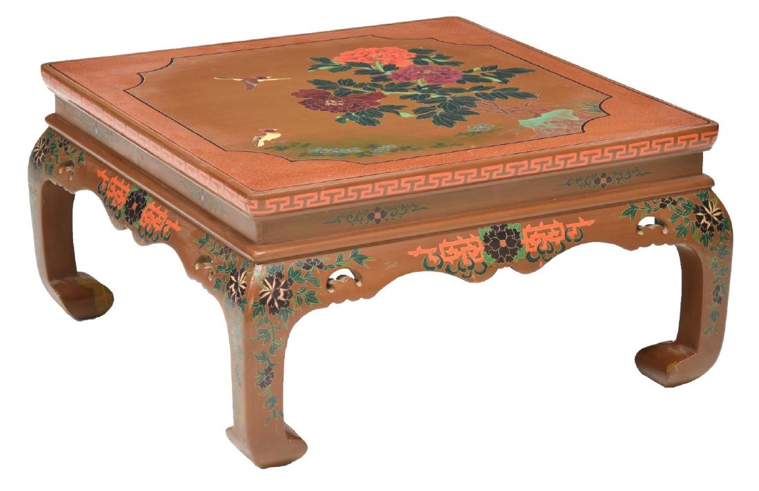 CHINESE BROWN LACQUER PAINTED SQUARE SOFA TABLE: Chinese brown lacquer sofa table, the square top having bird and floral painted design, over a pierced and scalloped apron, and rising on shaped legs, approx 14.25"H, 27.25"w, 27.25"d Start Price: $50
