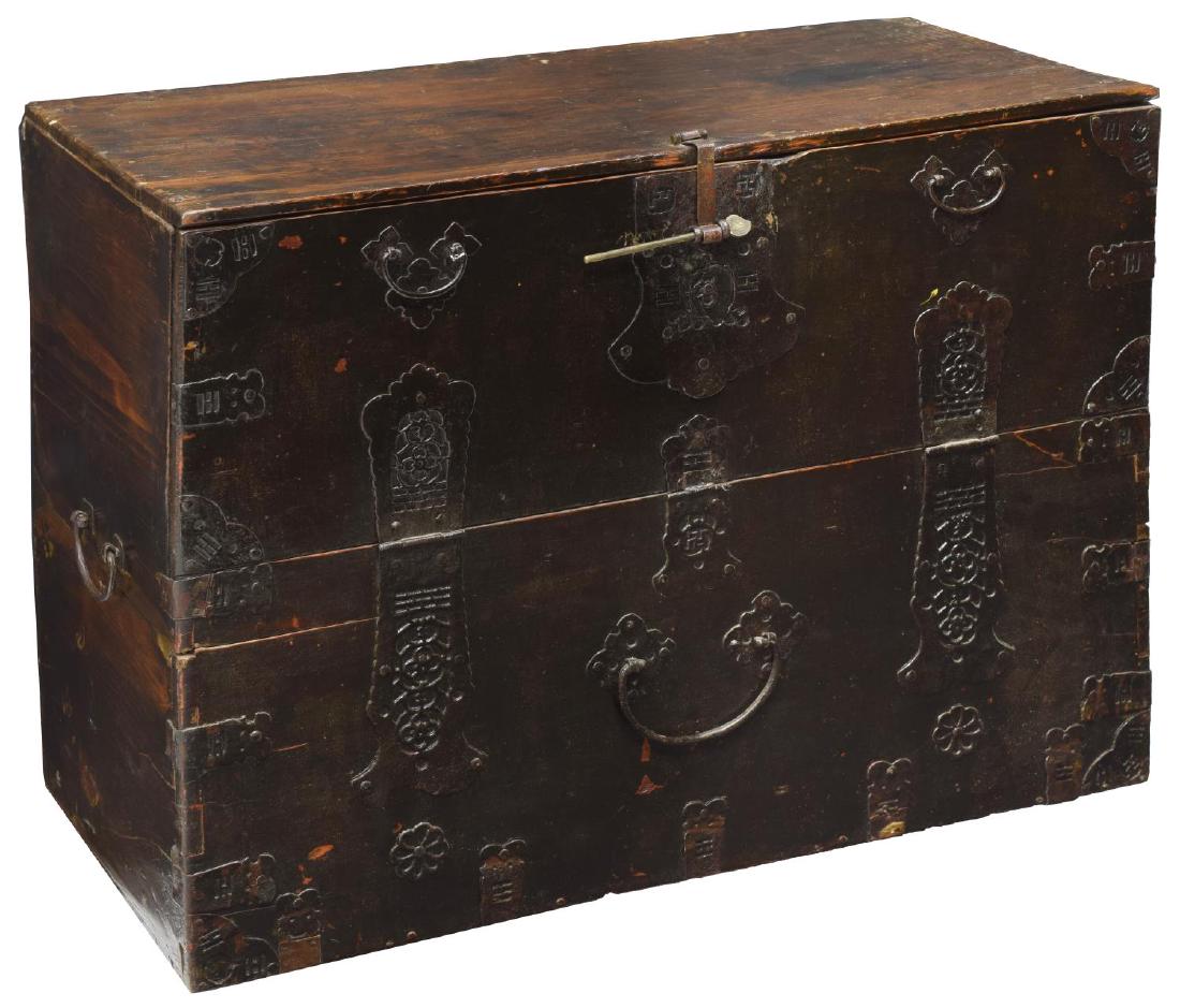 ANTIQUE ASIAN WOOD IRON MOUNT TANSU CHEST: Antique Asian wooden tansu chest with iron mounts and hardware, the hinged drop front opening to interior storage, approx 25.25"h, 34"w, 16.25"d Start Price: $100.00