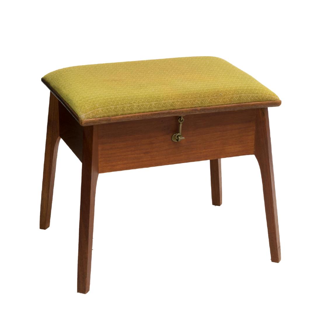 DANISH MID-CENTURY HINGED TOP TEAKWOOD STOOL: Danish mid-century modern teakwood stool, c. 1950's, having green upholstered hinged top, opening to interior with sectioned sliding tray and storage, approx 17.5"h, 19"w, 13.5"d Start Price: $50.00