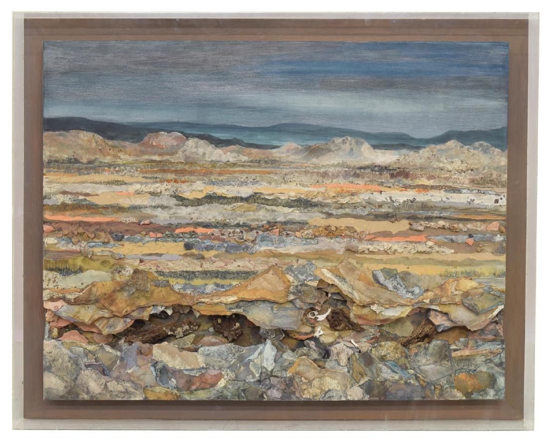 CHISPA BLUNTZER (TX) PLEXI FRAMED MIXED MEDIA ART: Mixed media art, "Barranca," titled and signed verso Chispa Bluntzer (Venezuela, Texas, b.1932), framed in plexiglass case, overall: 32"h, 40"w, 26lbs Start Price: $80.00