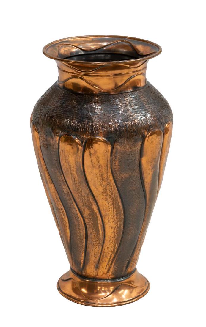 VINTAGE ITALIAN COPPER UMBRELLA STAND FLOOR VASE: Italian copper umbrella stand or floor vase, 20th c., having raised swirl motif, approx 21"h, 4.5lbs Start Price: $50.00