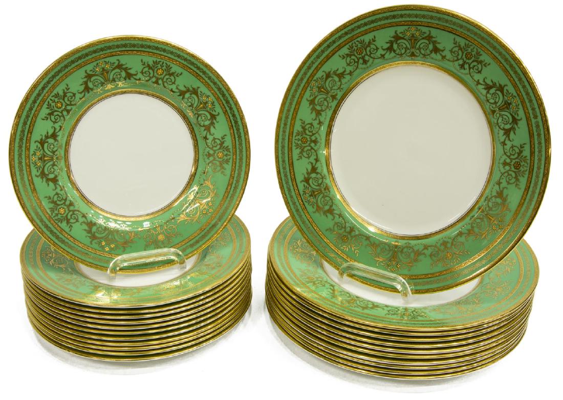 (23) MINTON PORCELAIN GREEN RAISED GILT PLATES: (set of 23) Minton bone china parcel gilt porcelain plates, each having a thick apple green border gilded and enameled with blooming floral vases and floral chains, including (11) dinner plates, 10.25