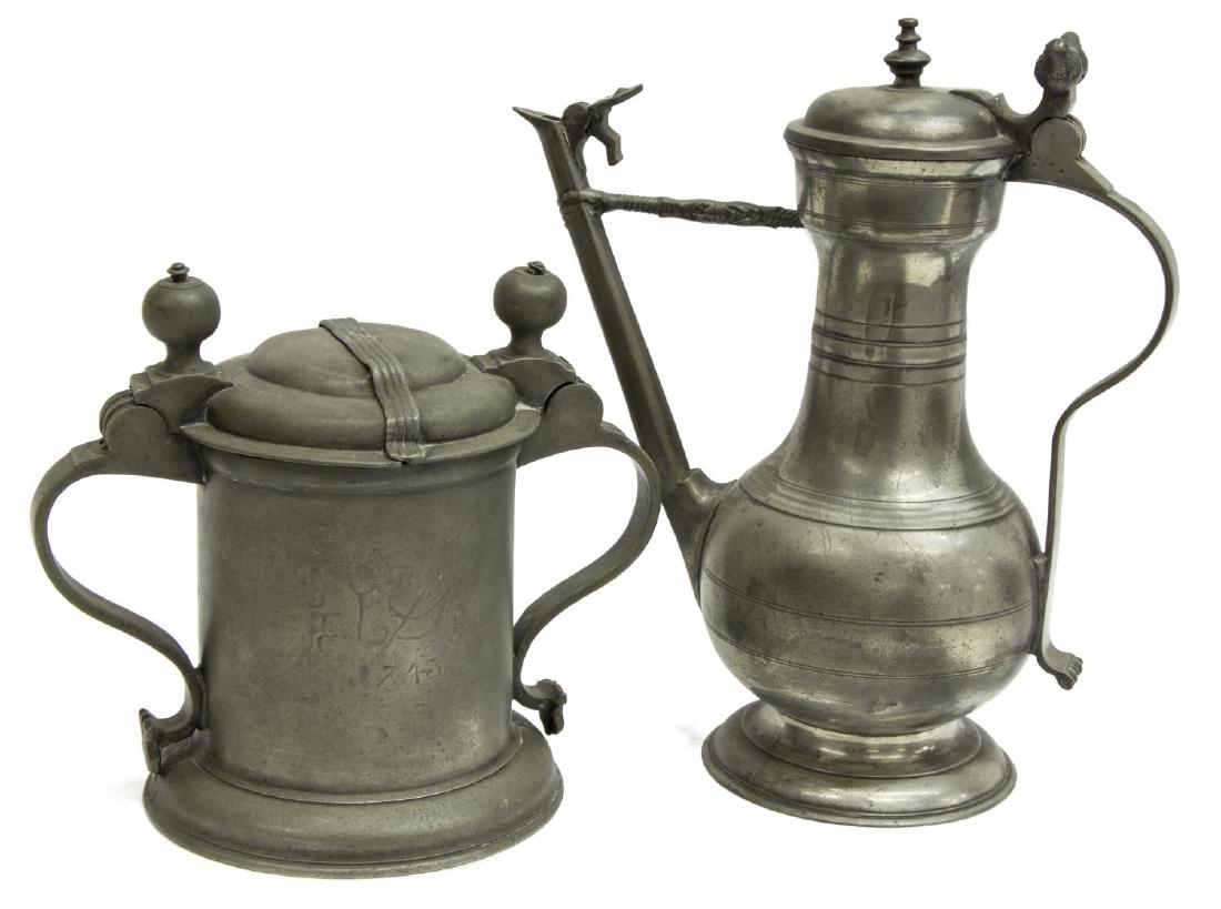 2) 18TH & 19TH C. PEWTER DRINKWARE, (1) DATED 1743 (1 of 4)