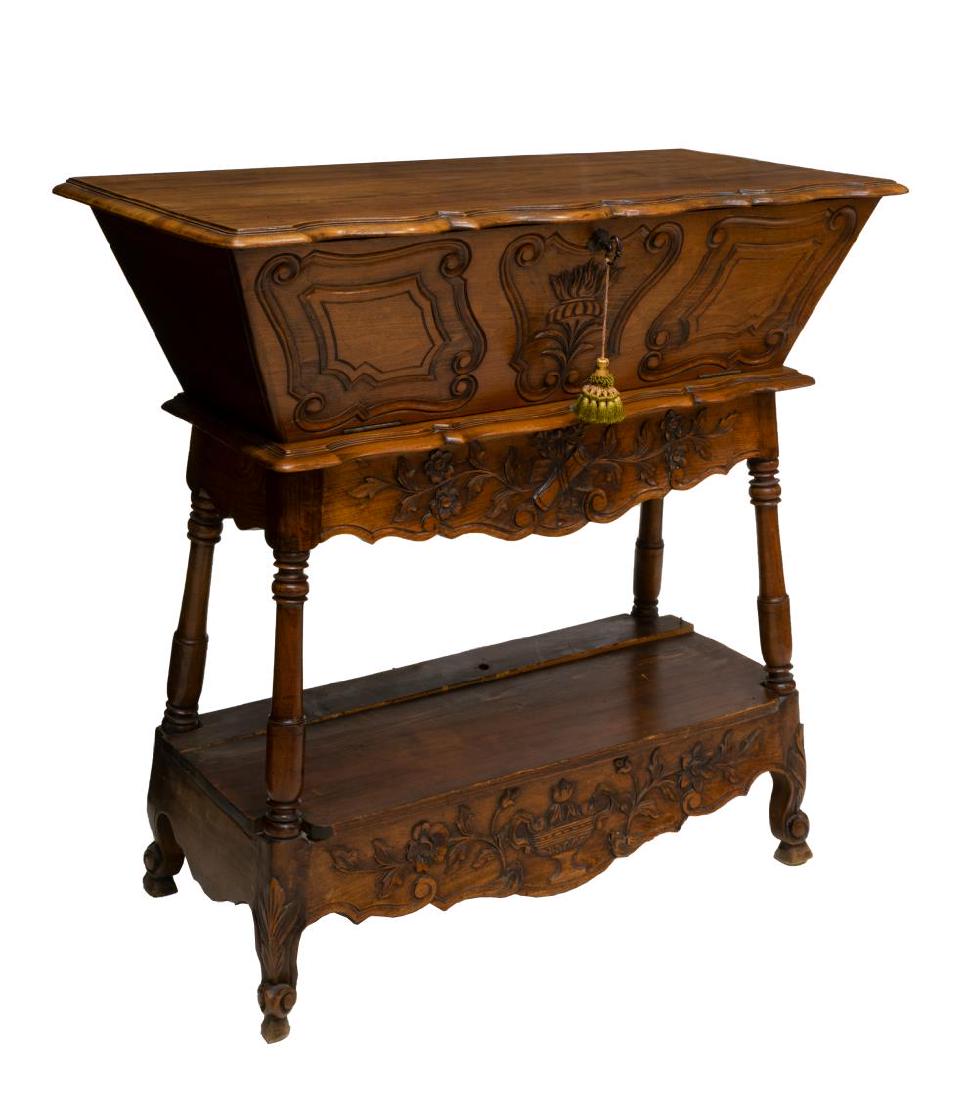 FRENCH PROVINCIAL FLORAL CARVED DOUGH BIN ON STAND (1 of 3)