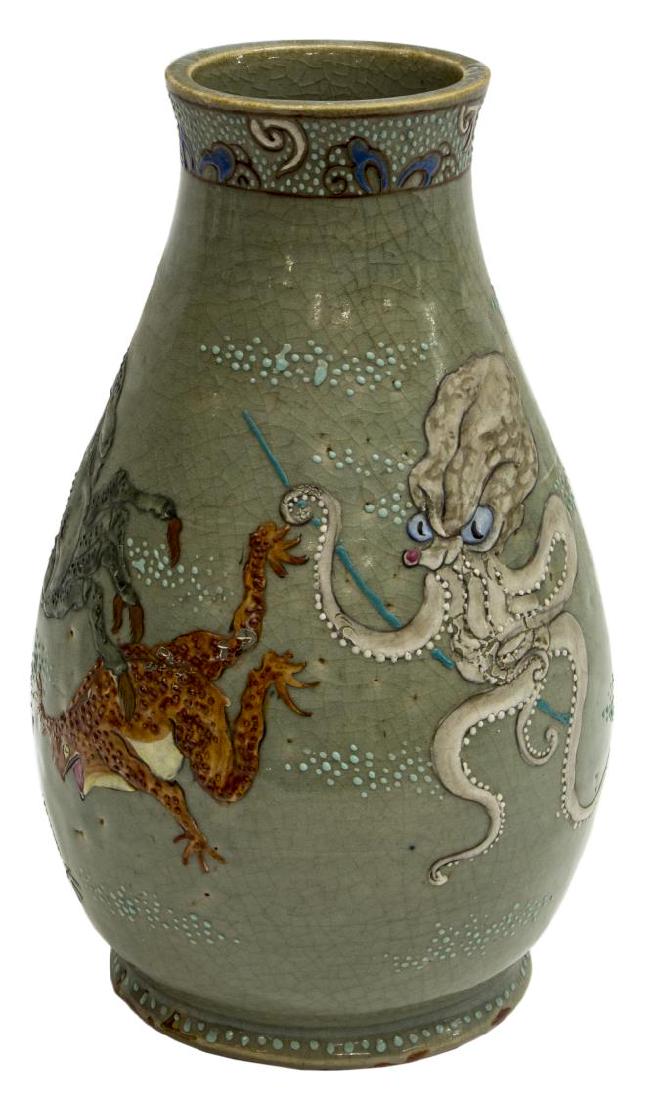 JAPANESE CERAMIC CELADON OCTOPUS & CRAB VASE (1 of 6)