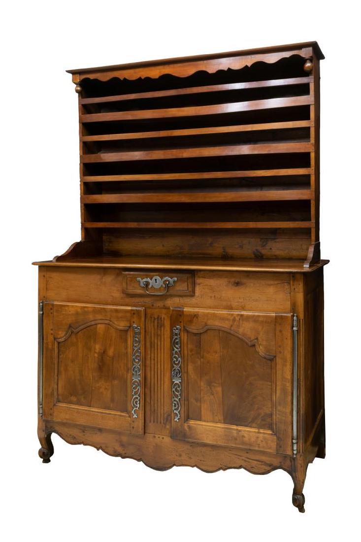FRENCH 19TH C. VAISSELIER: French fruitwood vaisselier, mid 19th c., the protruding cornice with scalloped frieze flanked by pendant finials over three display shelves, the lower part with a deep work surface above a central dr