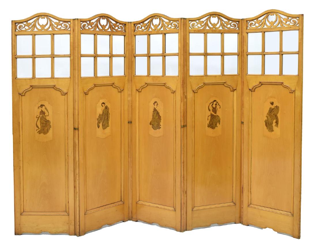 ENGLISH MARQUETRY FIVE-PANEL FOLDING SCREEN: English folding five-panel satin wood screen/ room divider, early 20th c., with pierced crest, over beveled glass windows, each panel with marquetry depiction of a woman in classical dress, each panel