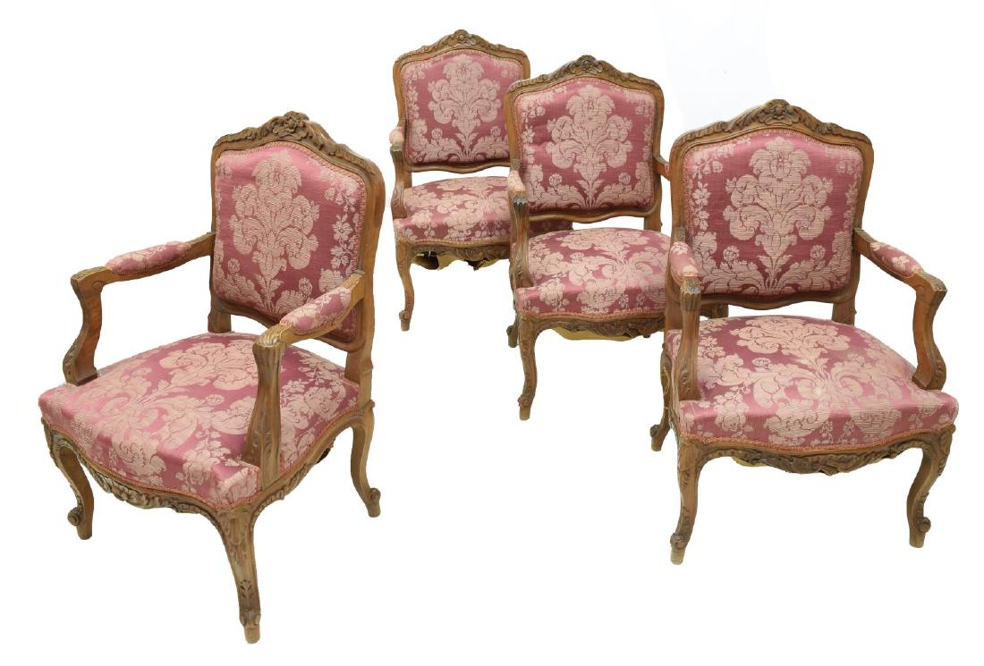 (4) LOUIS XV STYLE FLORAL CARVED WALNUT ARM CHAIRS (1 of 2)