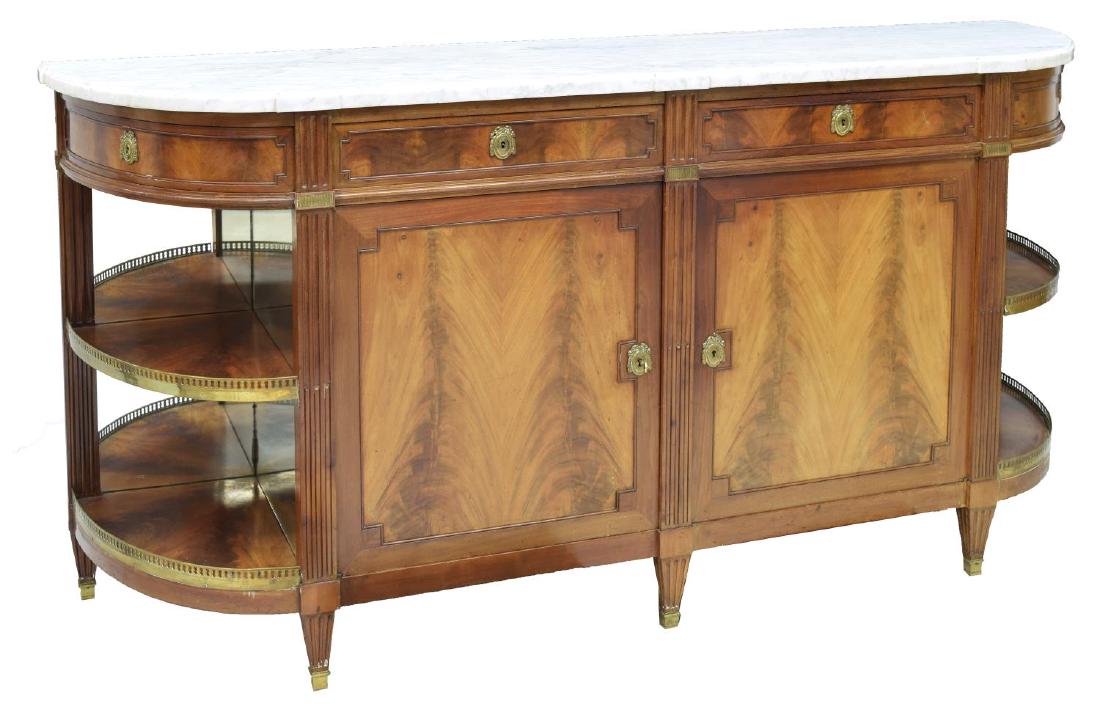 LOUIS XV MARBLE TOP SIDEBOARD: Louis XVI style sideboard, 19th c., the marble curved end top over two central drawers and doors, each end with a drawer over mirrored display shelves, rising on tapered ribbed legs, 40.5"h, 83"w, 22.