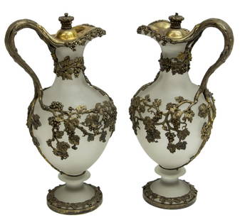 (2) ENGLISH MORTIMER & HUNT SILVER & GLASS EWERS: (pair) English frosted glass ewers/ claret jugs in gilt silver mounts, c. 1840, with grapevine motif and monogram to front face, hallmarked underfoot for John Mortimer and John Samuel Hunt (active 183