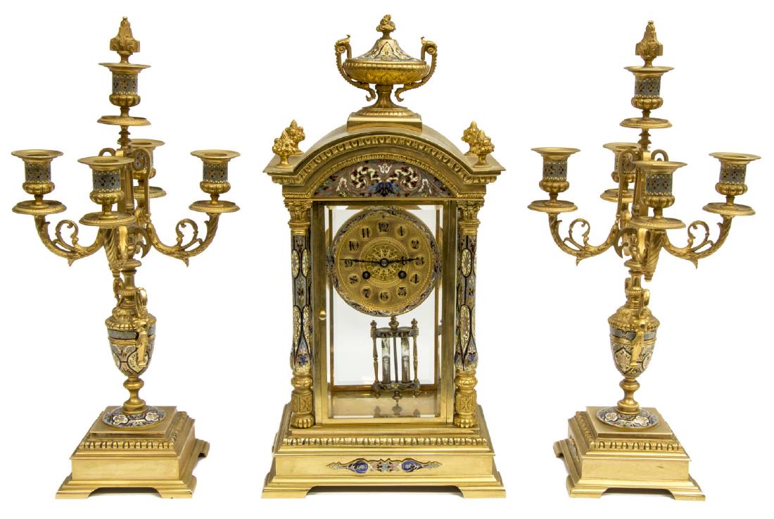 (3) FRENCH GILT BRONZE CHAMPLEVE ENAMEL MANTEL SET (1 of 9)