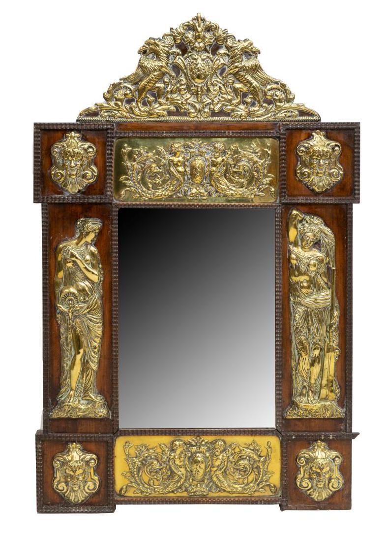 FRENCH BEVELED WALL MIRROR FIGURAL BRASS PLAQUES (1 of 2)