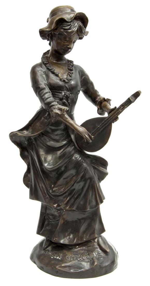 PATINATED BRONZE SCULPTURE, FEMALE LUTE PLAYER: Patinated cast bronze sculpture, Female Lute Player, signed to front of base "Alex Browns," approx 21"h, 11"w, 7.25"d, 13.25lbs Start Price: $80.00
