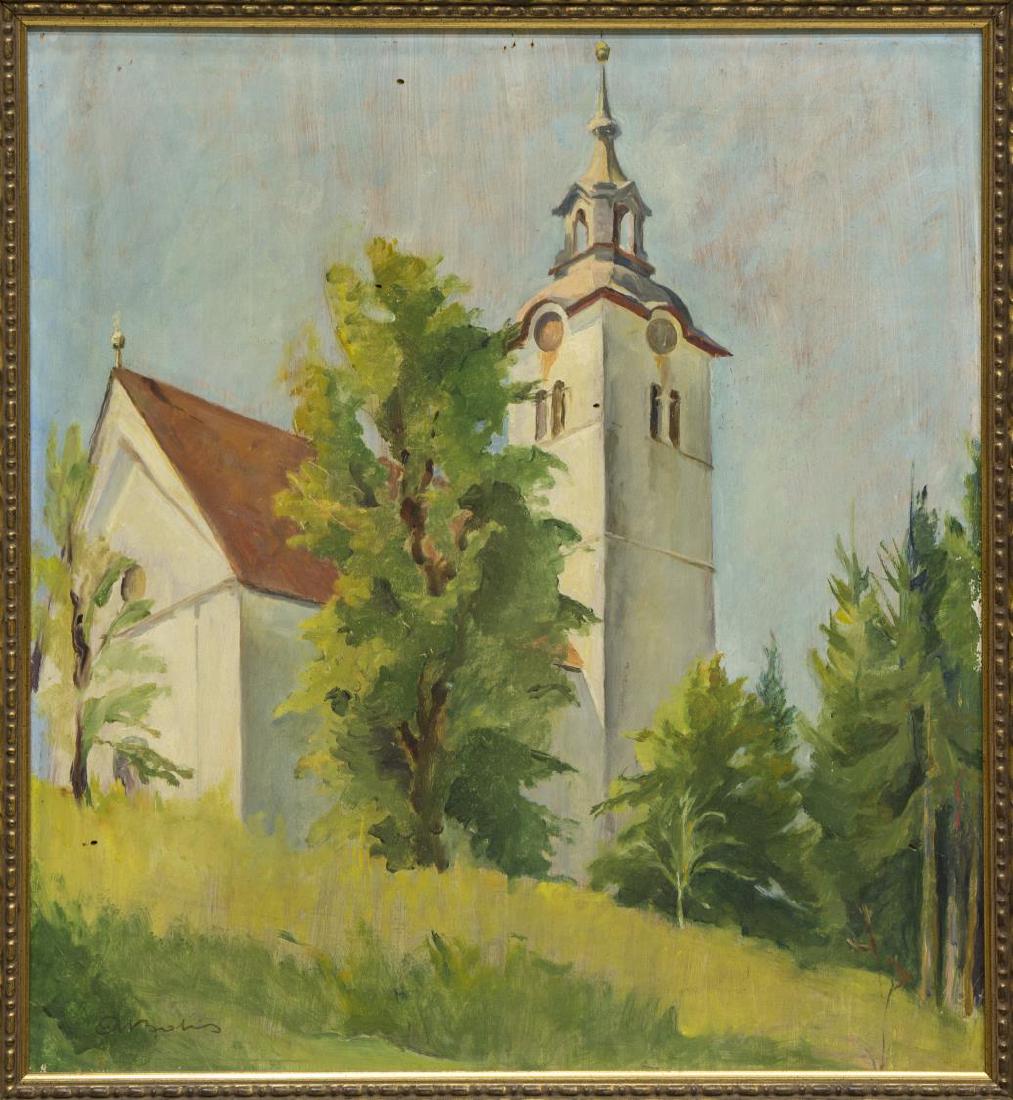FRENCH SCHOOL OIL PAINTING CHURCH STEEPLE, SIGNED (1 of 4)