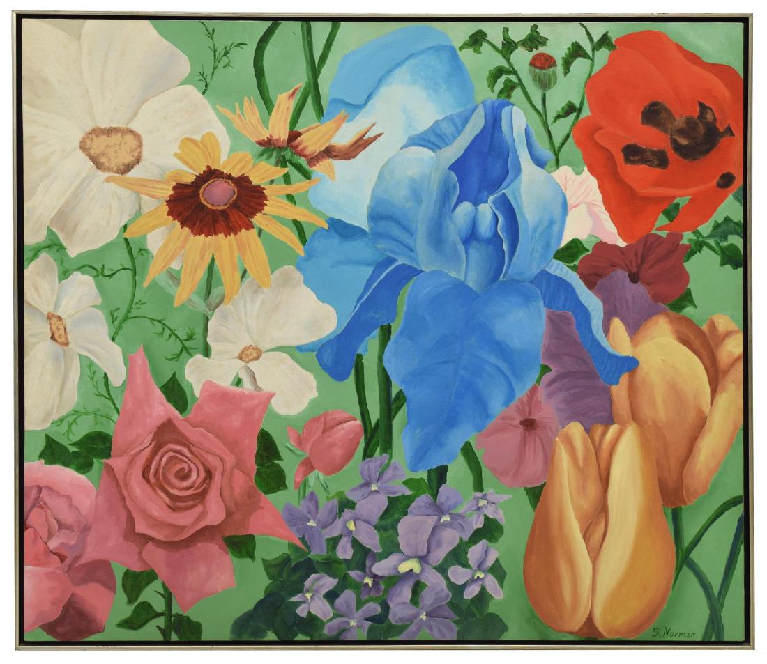 FRAMED ACRYLIC ON CANVAS PAINTING SIGNED S. NORMAN: Framed acrylic on canvas painting, Floral Bouquet, signed lower right S. Norman, sight: approx 42"h, 48"w, overall: approx 43.25"h, 49.25"w, 11.25lbs Start Price: $80.00
