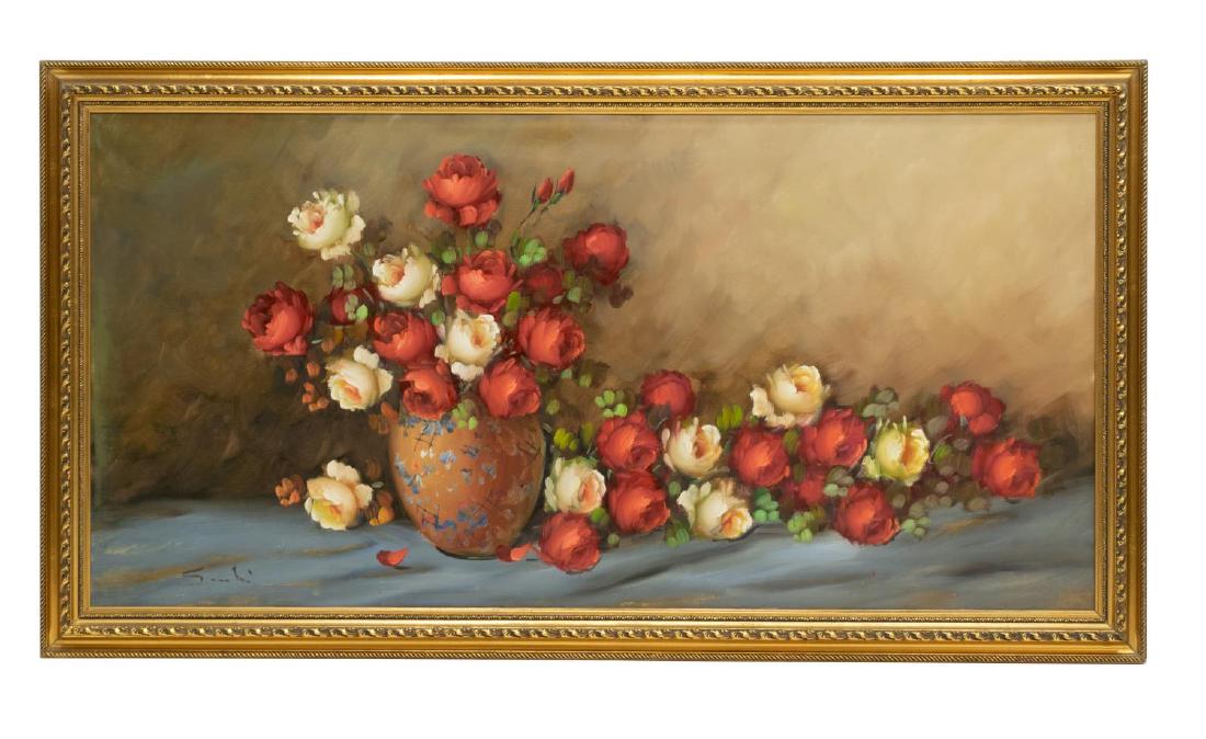 FRAMED OIL ON CANVAS PAINTING STILL LIFE W/ ROSES (1 of 5)