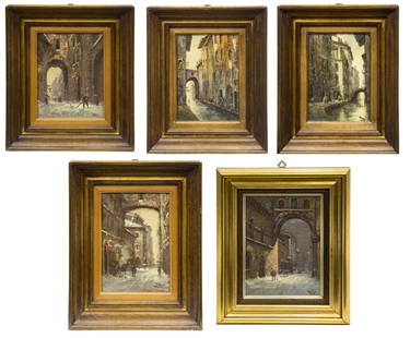 (5) ITALIAN SCHOOL PAINTINGS, SIGNED MARI: (lot of 5) Italian School oil on board paintings, mid 20th c., signed Mari, depicting street scenes with figures, centered in wood and gilt frames, largest: sight: 5"h, 7"w, overall: 11.5"h, 9.5"w; 4.