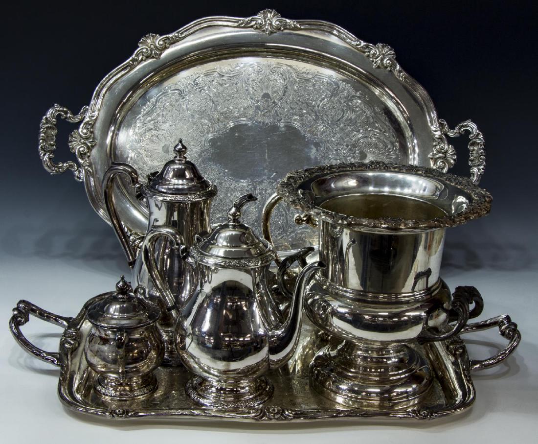 (9) COLLECTION OF DECORATIVE SILVERPLATE TABLEWARE: (lot of 9) Collection of decorative silverplate tableware, including: (1) Reed & Barton "Regent" oval handled serving tray, approx 26.25"l, 17.75"w, (1) Rogers "Glenrose" rectangular handled serving t